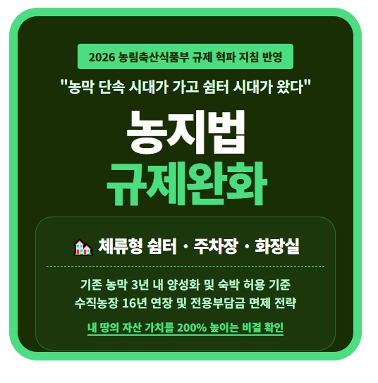2026년 농지법 개정안 규제 완화 농촌체류형 쉼터 숙박 허용 기준 수직농장 타용도 일시사용 기간 연장 농지보전부담금 면제 혜택 화장실 주차장 설치 허용 농업진흥구역 농기자재 판매시설 지자체 조례 가설건축물 축조 신고 양성화 유예 기간 정보 요약 인포그래픽
