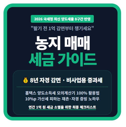 2026년 농지 매매 양도소득세 계산기 및 8구간 누진세율표 8년 자경 100% 감면 조건 비사업용 토지 중과세 방어 전략 홈택스 모의계산 이용 방법 정보 요약 인포그래픽