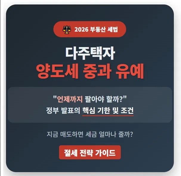 2026년 부동산 세법 개정안에 따른 다주택자 양도세 중과 유예 기간 및 조건, 절세 전략 가이드 썸네일