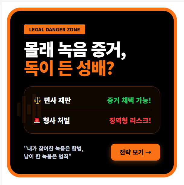 민사소송 불법녹음 증거능력 및 형사처벌 리스크 안내 경고형 인포그래픽 섬네일