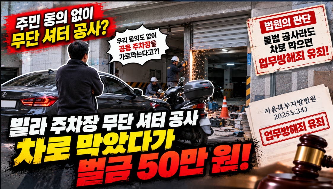 빌라 주차장 '무단 셔터 공사' 차로 막았다가 업무방해 유죄